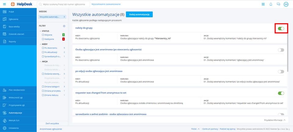 Zmiana statusu automatyzacji - automatyzacja aktywna 