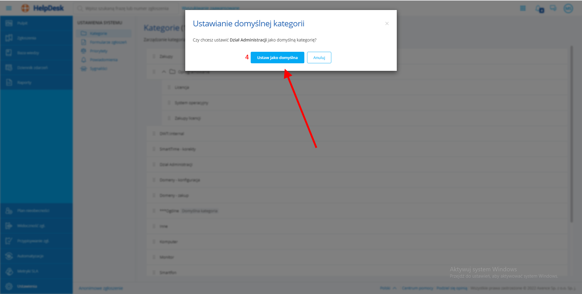 Okno ustawiania kategorii domyślnej w HelpDesku