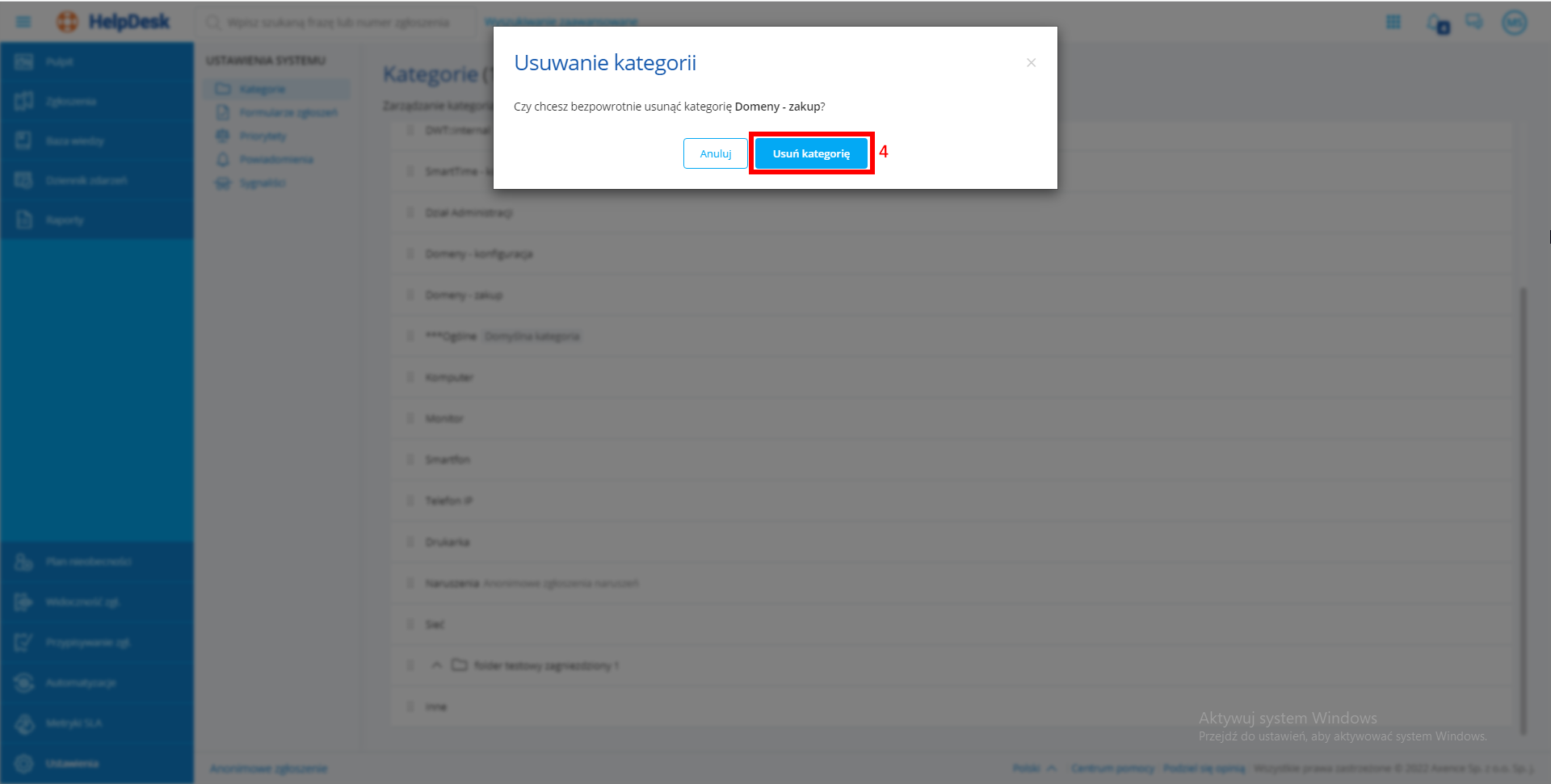 Okno usuwania kategorii w HelpDesku
