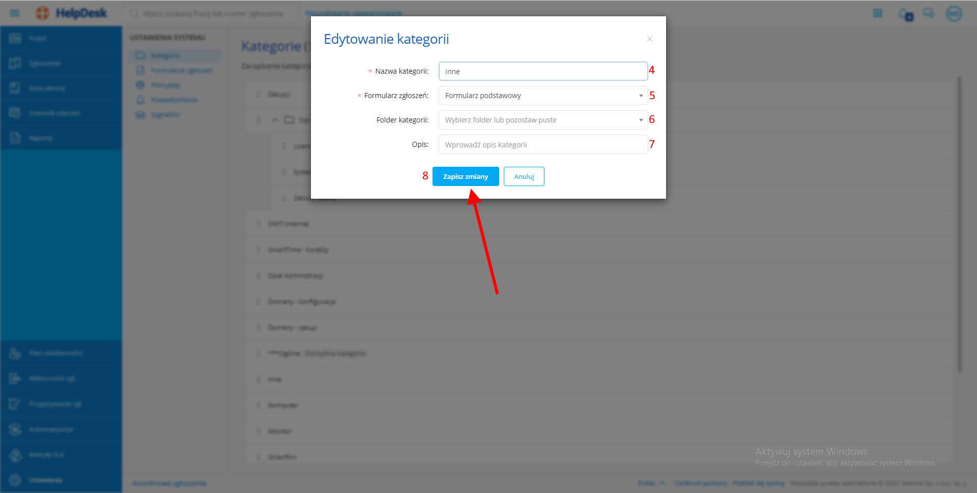 Okno edytowania kategorii w HelpDesku