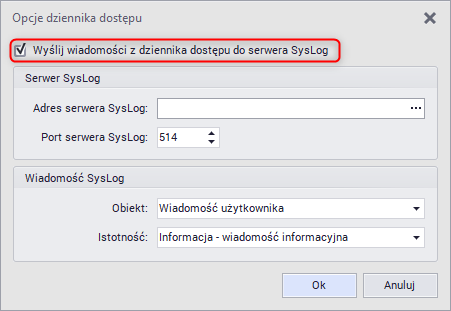 Dziennik dostępu Administratorów - przesyłanie logów do kolektora Syslog włącz / wyłącz przesyłania