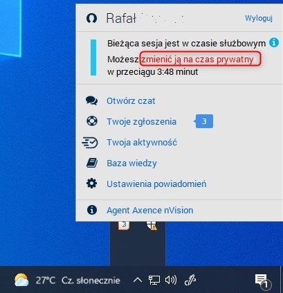 Czas Prywaty - wybranie z paska zadań ikony Agenta Axence nVision - przełączenie typu sesji