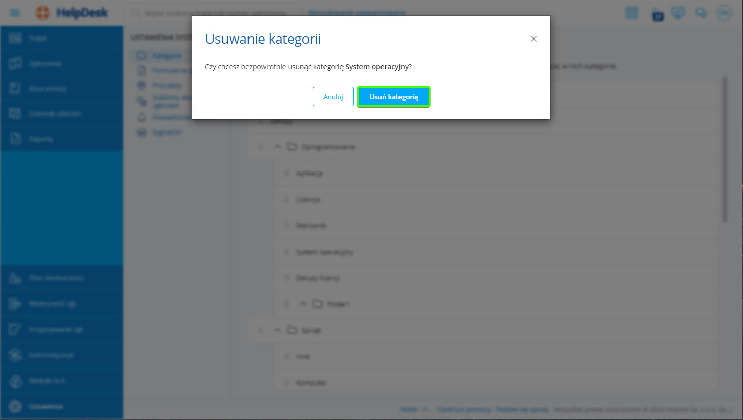 Okno usuwania kategorii w HelpDesku