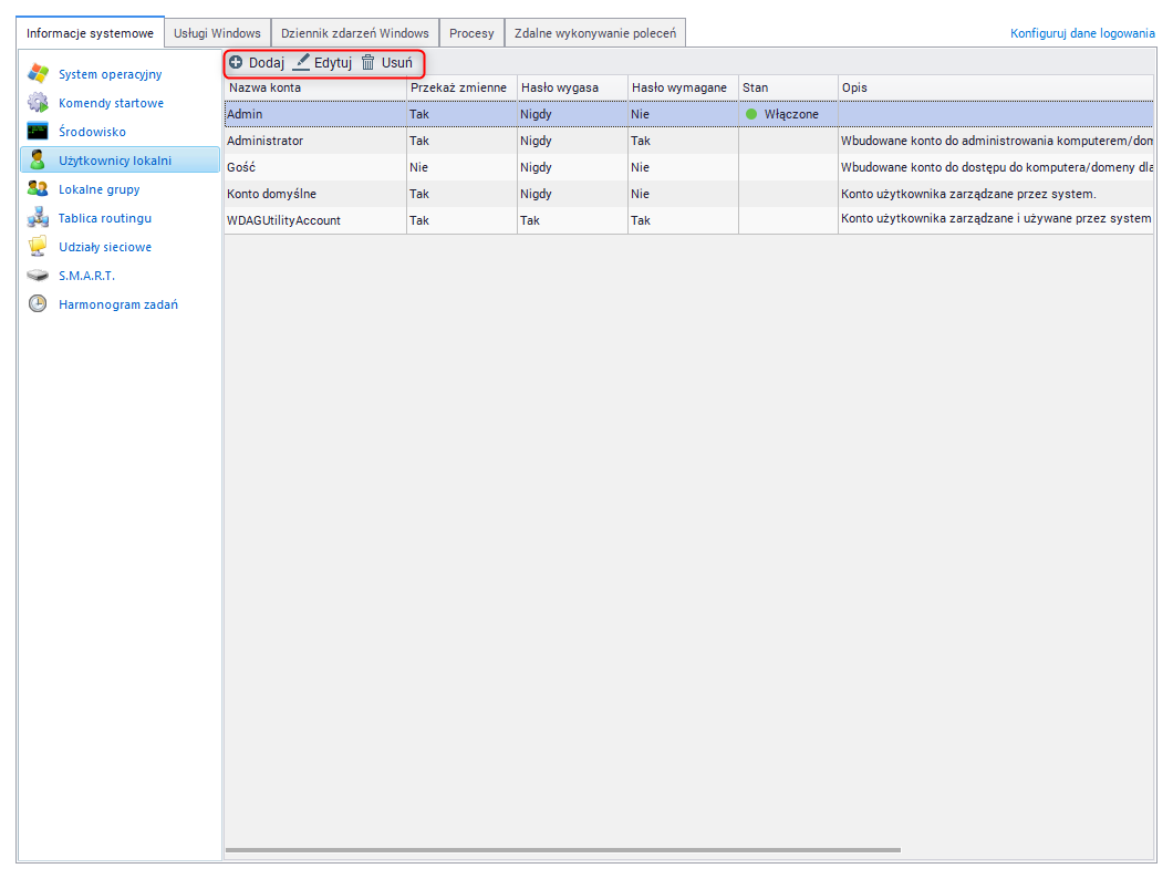 Użytkownicy Lokalni - Dodaj / Edytuj / Usuń konto lokalne użytkownika dla hosta