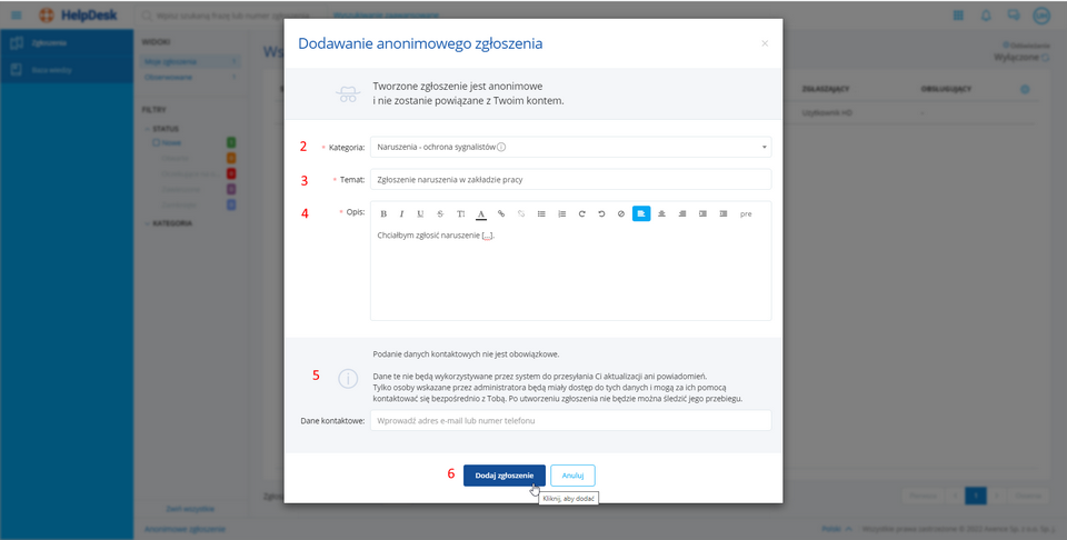 Anonimowe zgłoszenie - formularz 