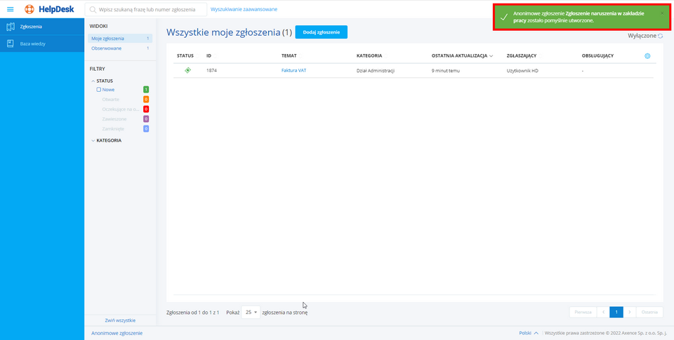 Komunikat po prawidłowym dodaniu nowego anonimowego zgłoszenia 