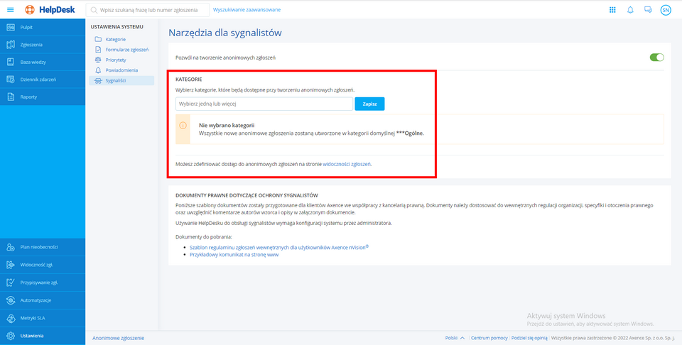Ustawienia anonimowych zgłoszeń - brak kategorii
