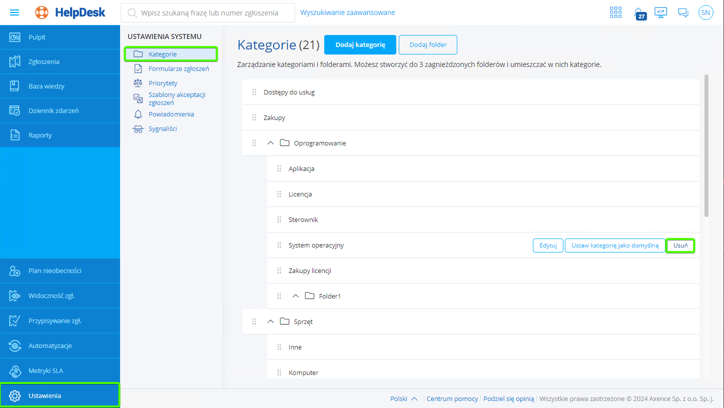 HelpDesk - Ustawienia - Panel zarządzania kategoriami