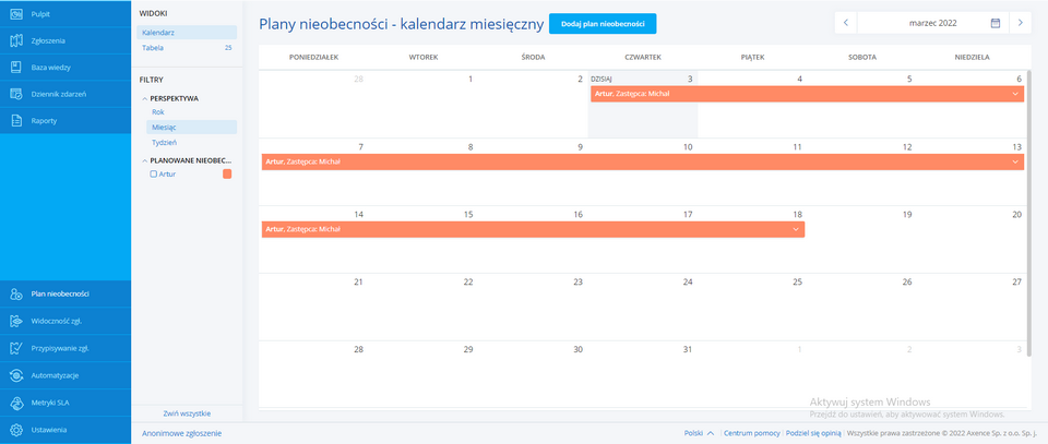 Plan nieobecności - perspektywa miesięczna