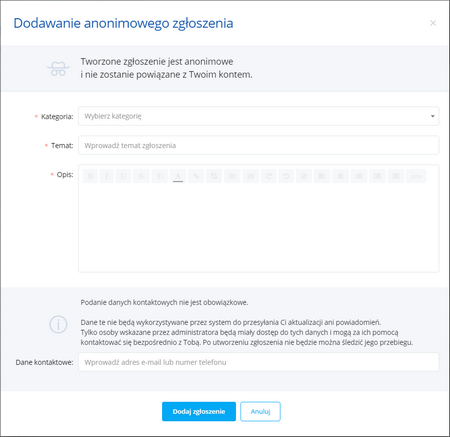 Formularz anonimowego zgłoszenia - użytkownik zalogowany
