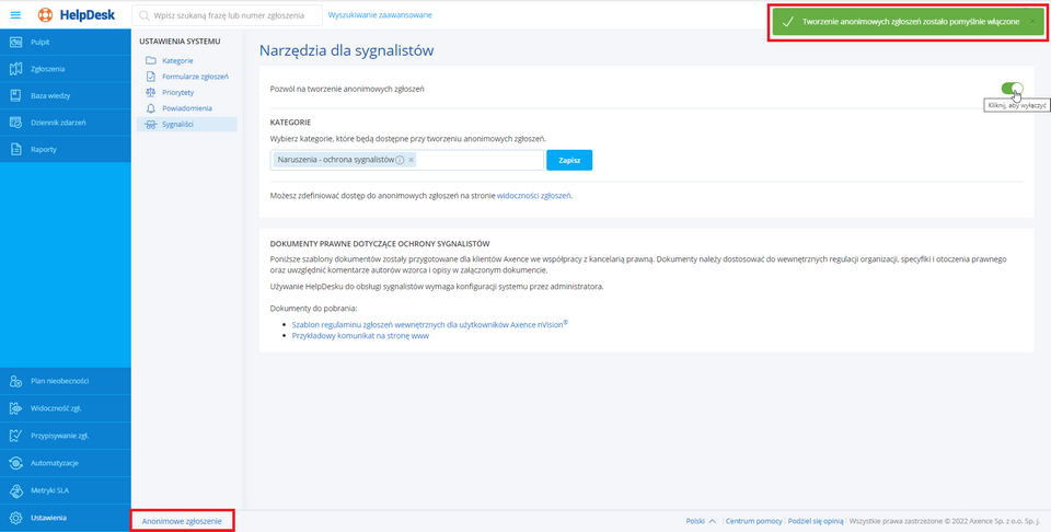 HelpDesk po włączeniu anonimowych zgłoszeń