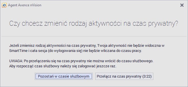 Czas Prywatny - okno potwierdzenia rodzaju sesji 