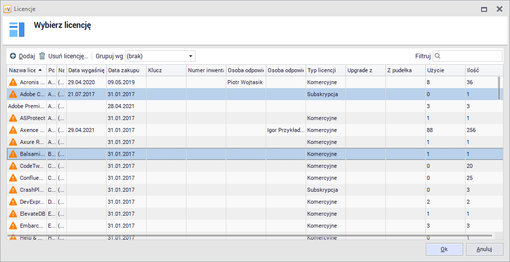 Licenceje użytkownika -  Oprogramowanie Audyt oprogramowania - przypisanie licencji - wybierz licencje