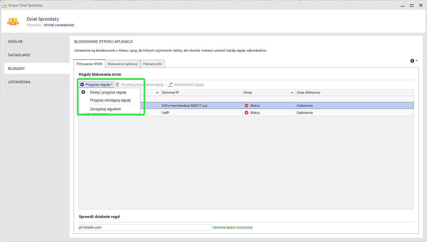 Blokady - Filtrowanie www - Przypisz regułę