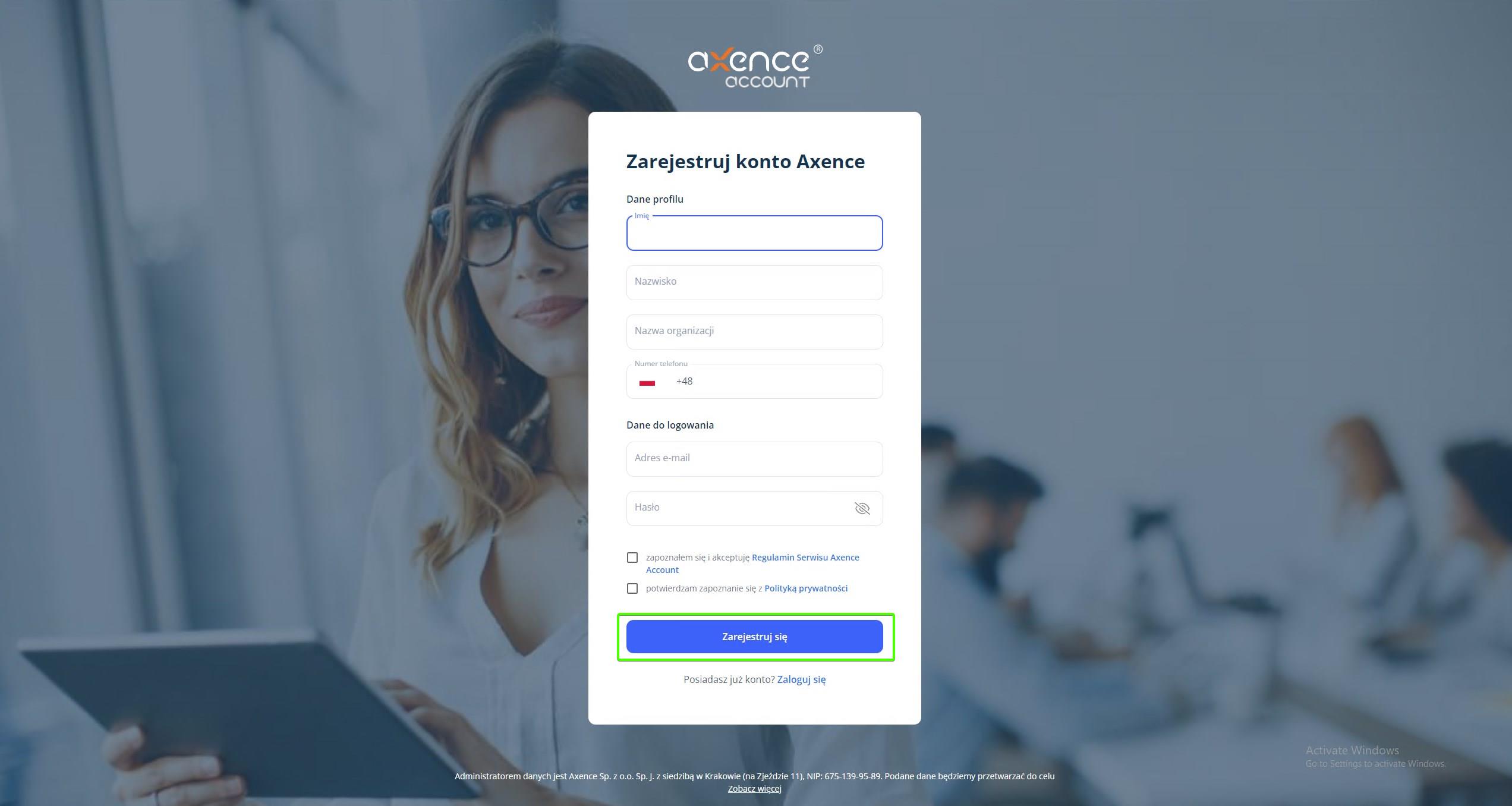Formularz Zarejestruj konto Axence - Zarejestruj się