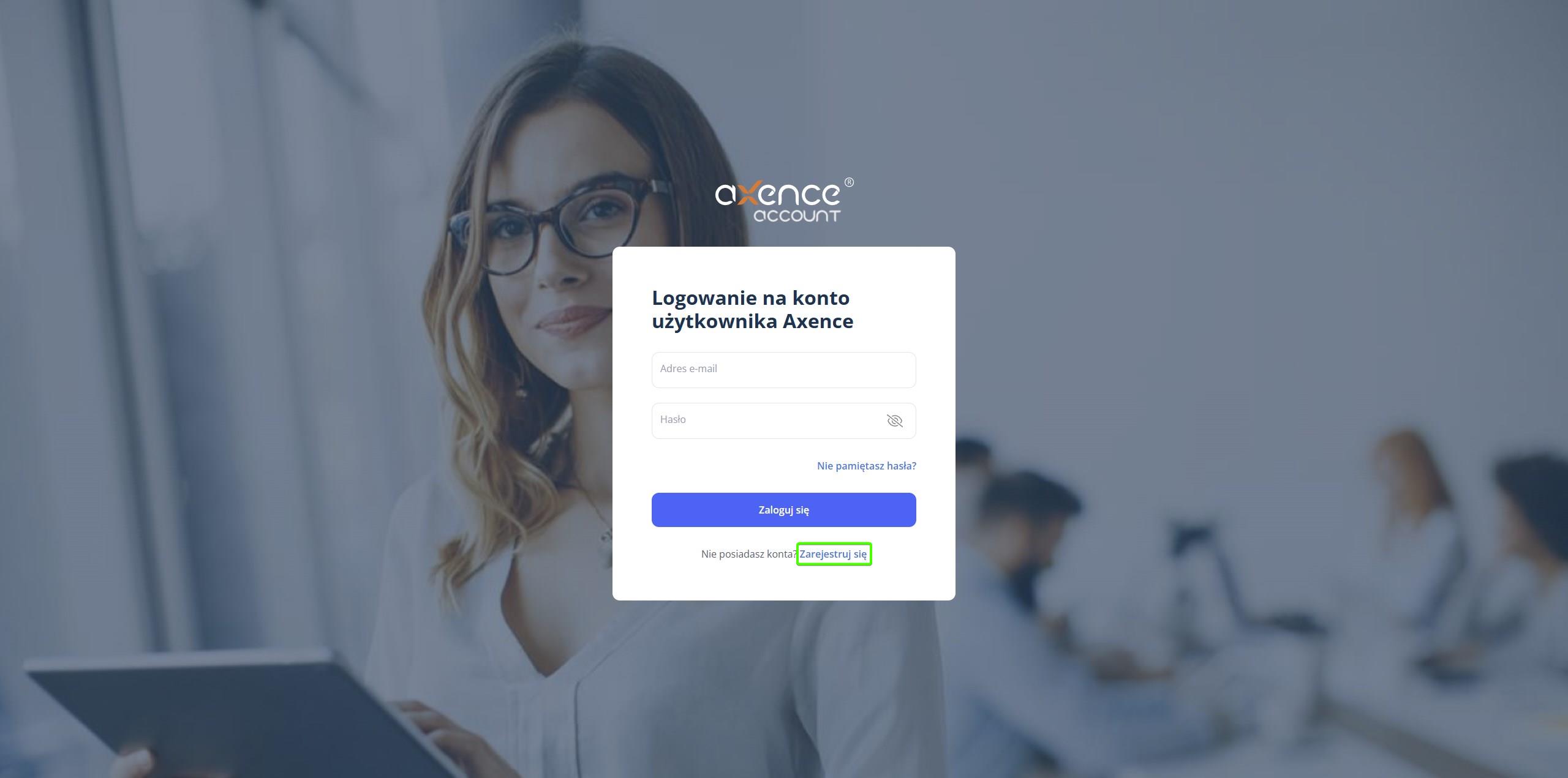 Axence Account strona logowania - Zarejestruj się