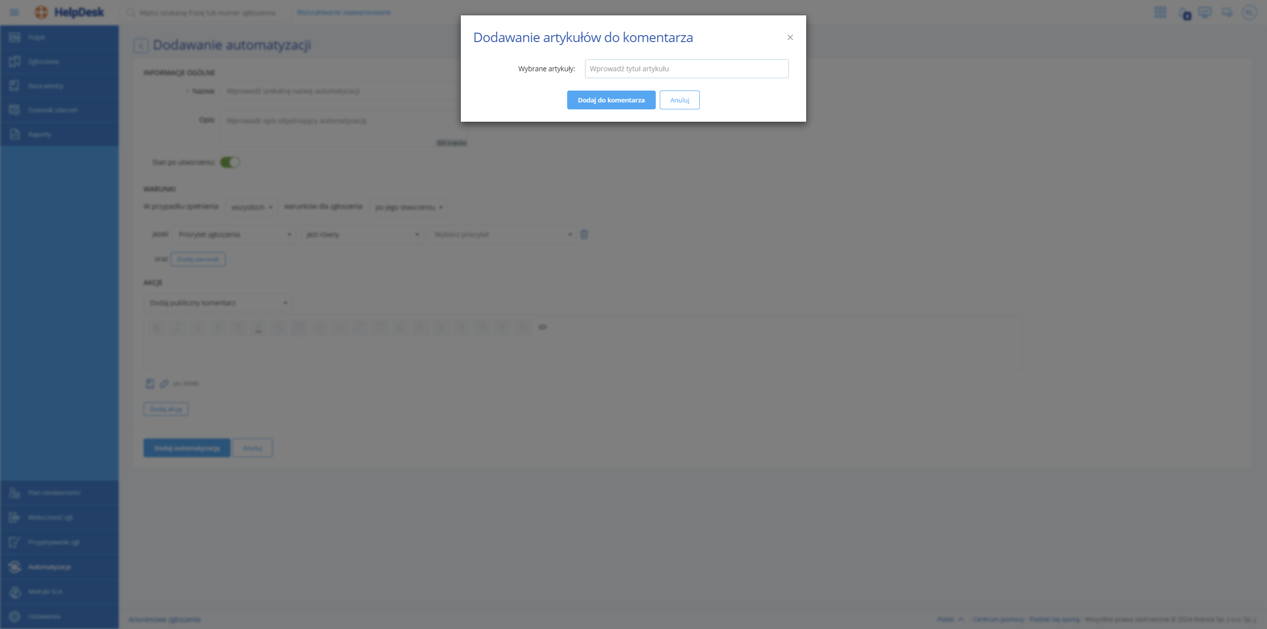 Dodanie artykułu do komentarza automatyzacji