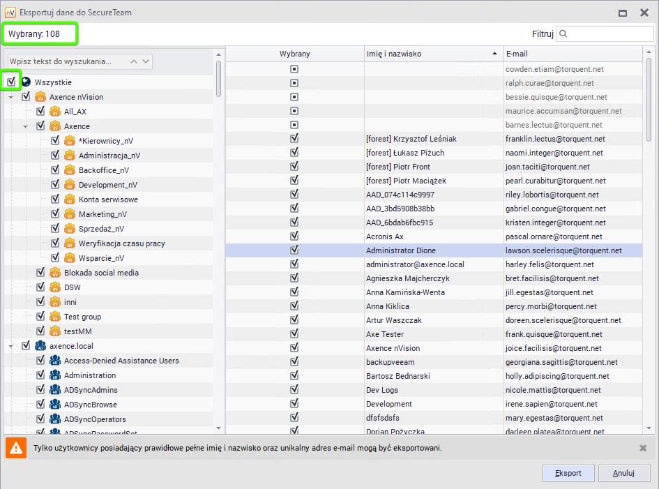 eksport  użytkowników -  liczba zaznaczonych kont
