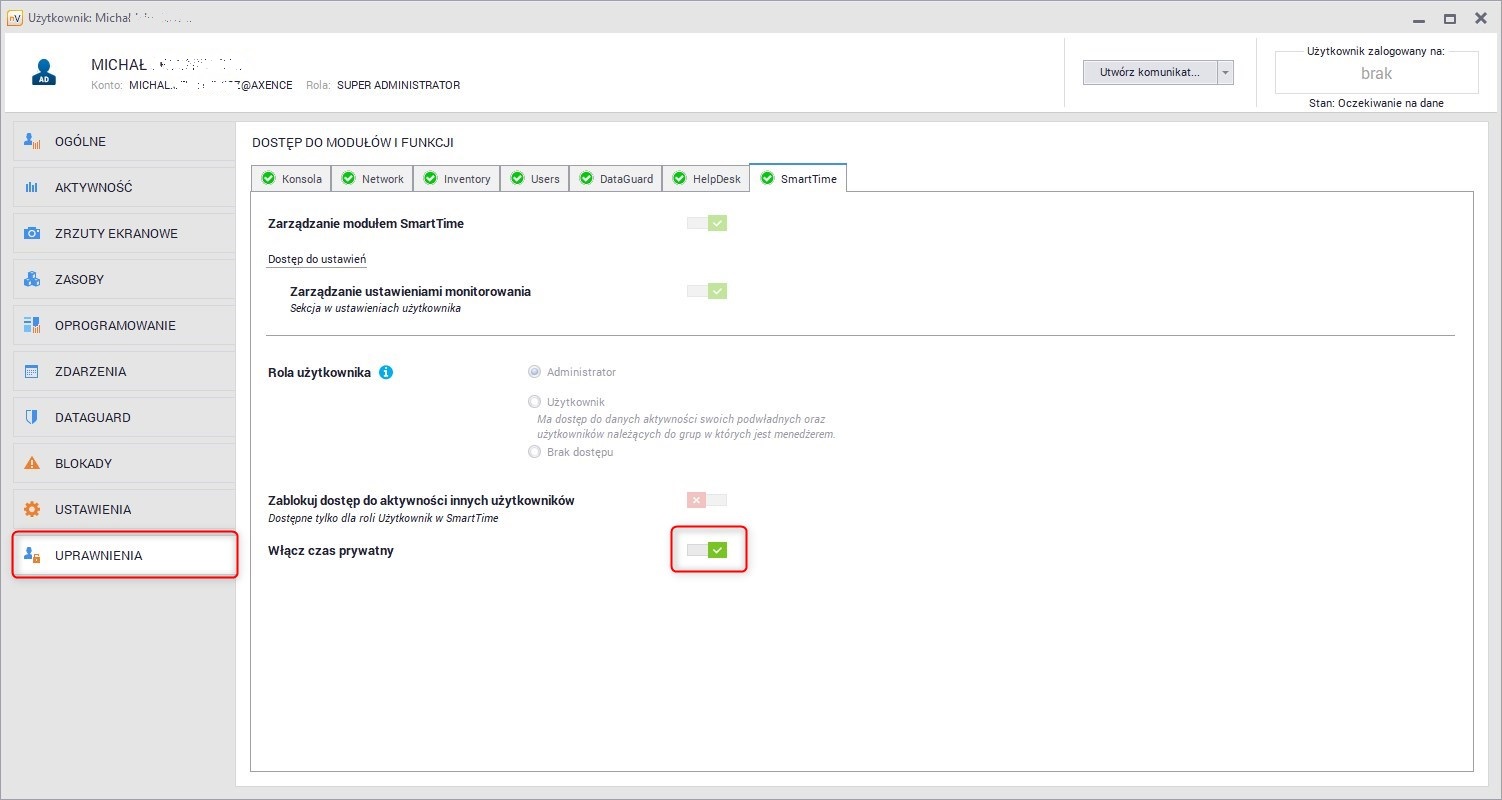 Czas Prywatny - Włącz / Wyłącz dla Użytkownika