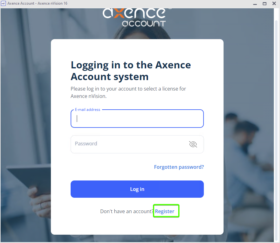 Logging in to AA - Register link